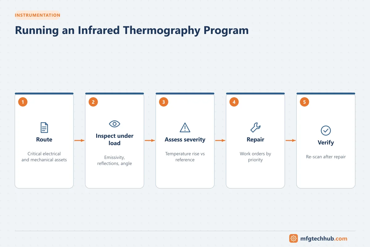 Running an Infrared Thermography Program: Route, Inspect under load, Assess severity, Repair, Verify