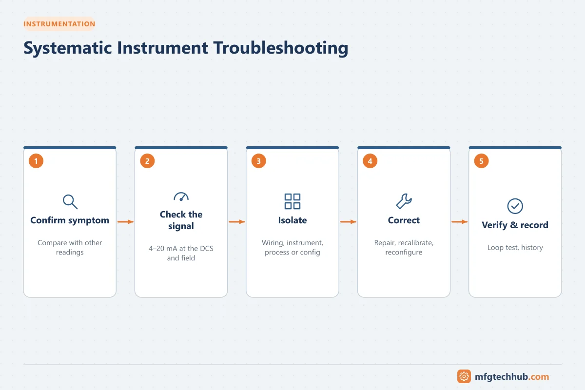 Systematic Instrument Troubleshooting: Confirm symptom, Check the signal, Isolate, Correct, Verify & record