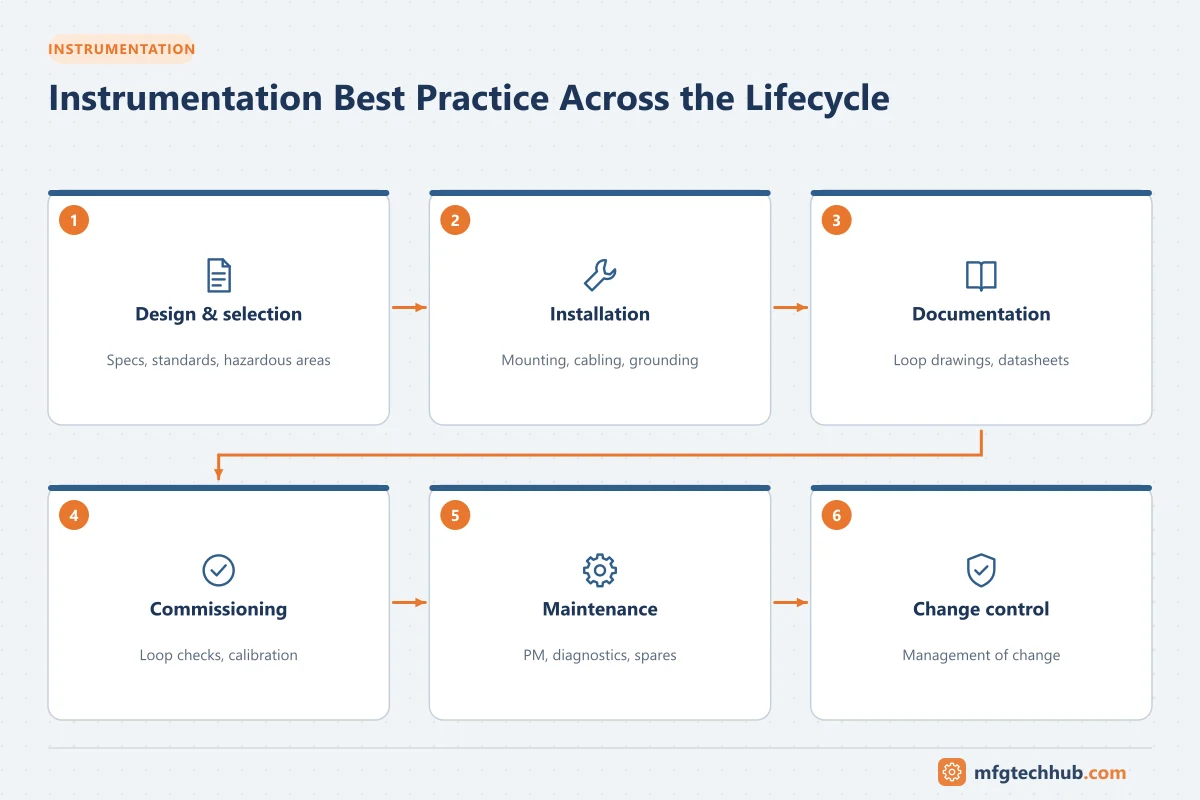 Instrumentation Best Practice Across the Lifecycle: Design & selection, Installation, Documentation, Commissioning, Maintenance, Change control