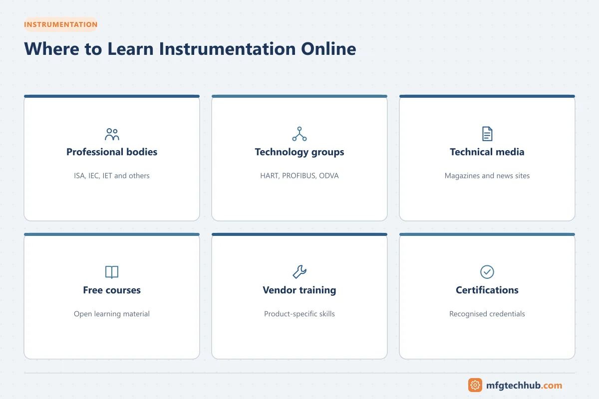 Where to Learn Instrumentation Online: Professional bodies, Technology groups, Technical media, Free courses, Vendor training, Certifications
