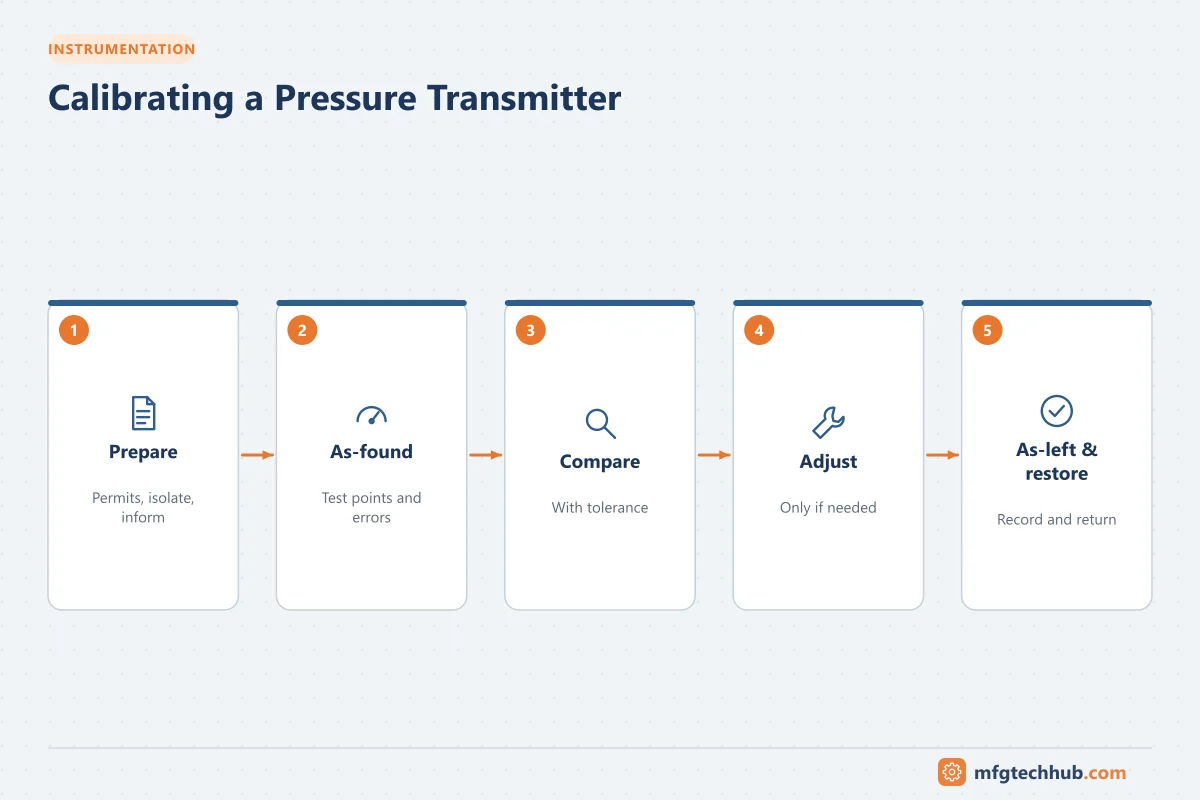 Calibrating a Pressure Transmitter: Prepare, As-found, Compare, Adjust, As-left & restore