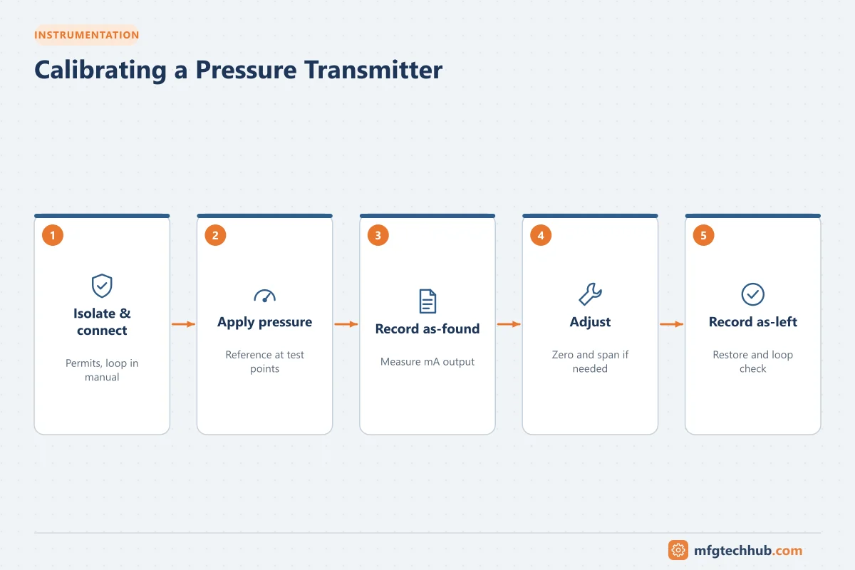 Calibrating a Pressure Transmitter: Isolate & connect, Apply pressure, Record as-found, Adjust, Record as-left