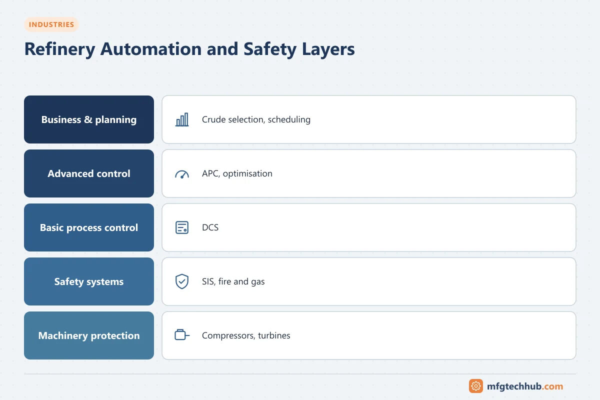 Refinery Automation and Safety Layers: Business & planning, Advanced control, Basic process control, Safety systems, Machinery protection