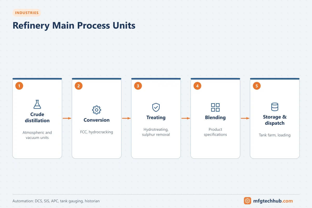 Refinery Main Process Units: Crude distillation, Conversion, Treating, Blending, Storage & dispatch