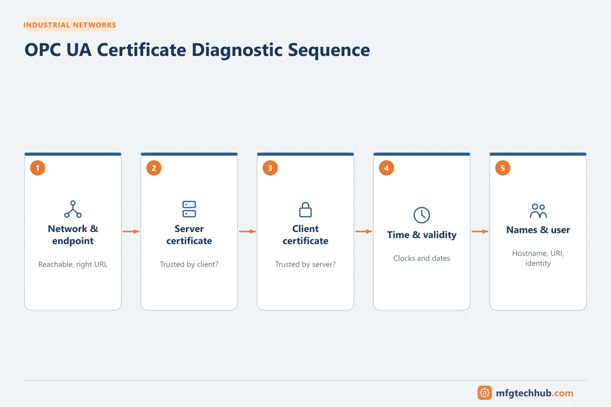 OPC UA Certificate Diagnostic Sequence: Network & endpoint, Server certificate, Client certificate, Time & validity, Names & user