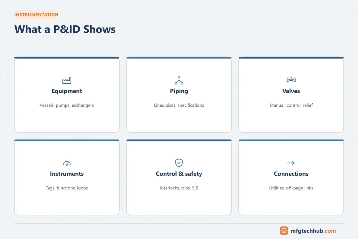 What a P&ID Shows: Equipment, Piping, Valves, Instruments, Control & safety, Connections