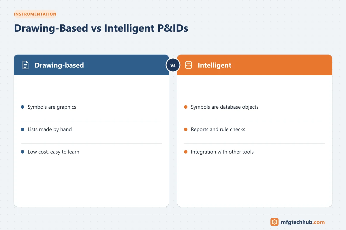 Drawing-Based vs Intelligent P&IDs: Drawing-based (Symbols are graphics, Lists made by hand); Intelligent (Symbols are database objects, Reports and rule checks)