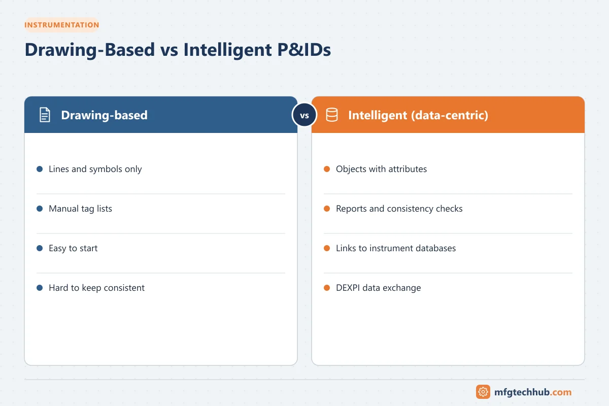 Drawing-Based vs Intelligent P&IDs: Drawing-based (Lines and symbols only, Manual tag lists); Intelligent (data-centric) (Objects with attributes, Reports and consistency checks)