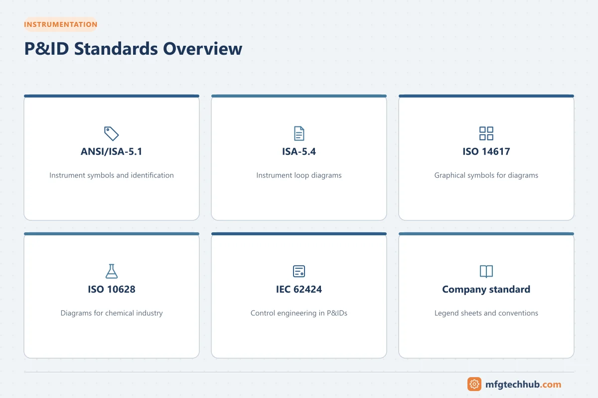 P&ID Standards Overview: ANSI/ISA-5.1, ISA-5.4, ISO 14617, ISO 10628, IEC 62424, Company standard