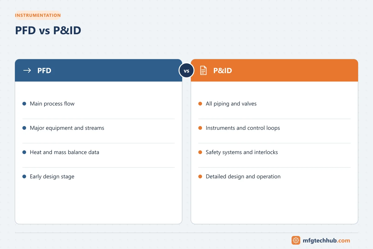 PFD vs P&ID: PFD (Main process flow, Major equipment and streams); P&ID (All piping and valves, Instruments and control loops)