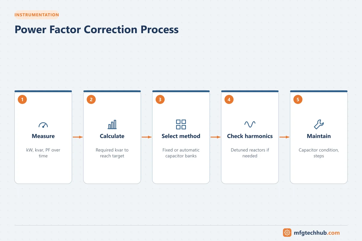 Power Factor Correction Process: Measure, Calculate, Select method, Check harmonics, Maintain