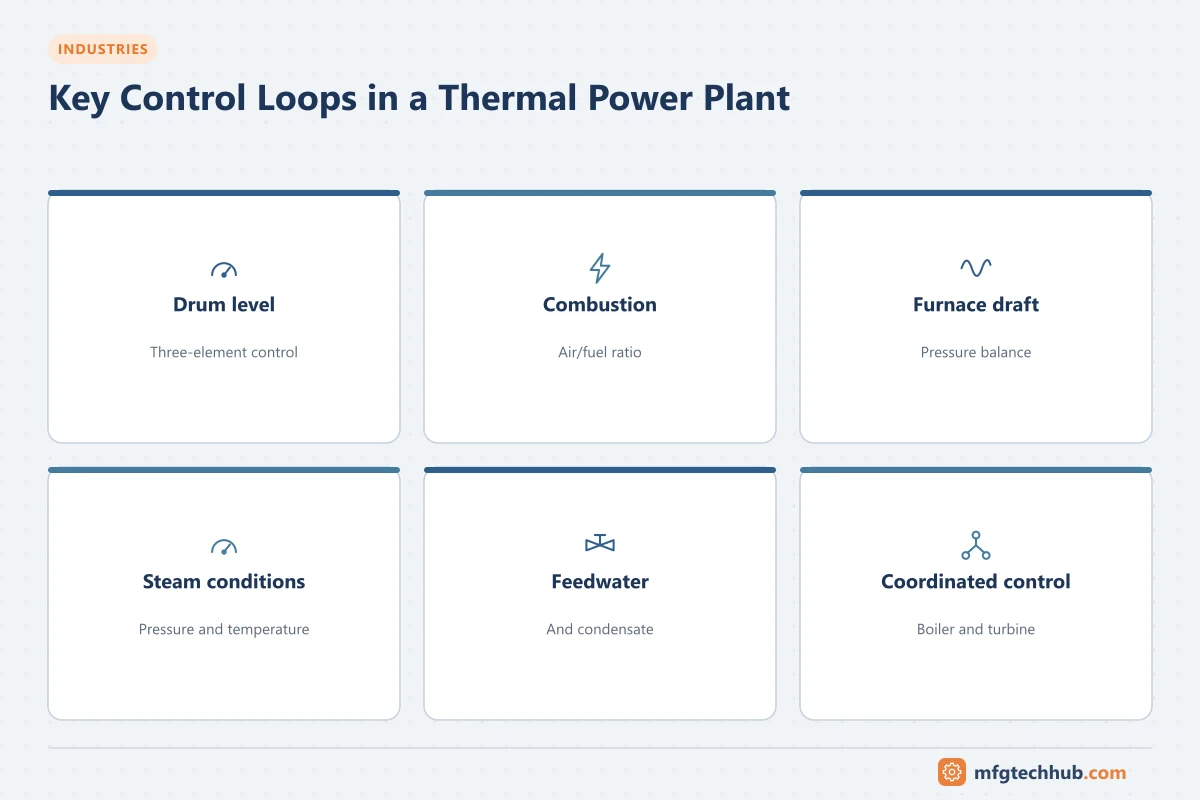 Key Control Loops in a Thermal Power Plant: Drum level, Combustion, Furnace draft, Steam conditions, Feedwater, Coordinated control