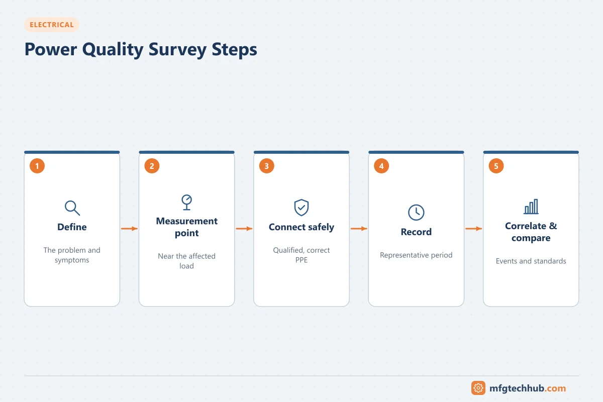 Power Quality Survey Steps: Define, Measurement point, Connect safely, Record, Correlate & compare