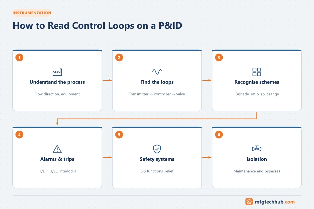 How to Read Control Loops on a P&ID: Understand the process, Find the loops, Recognise schemes, Alarms & trips, Safety systems, Isolation