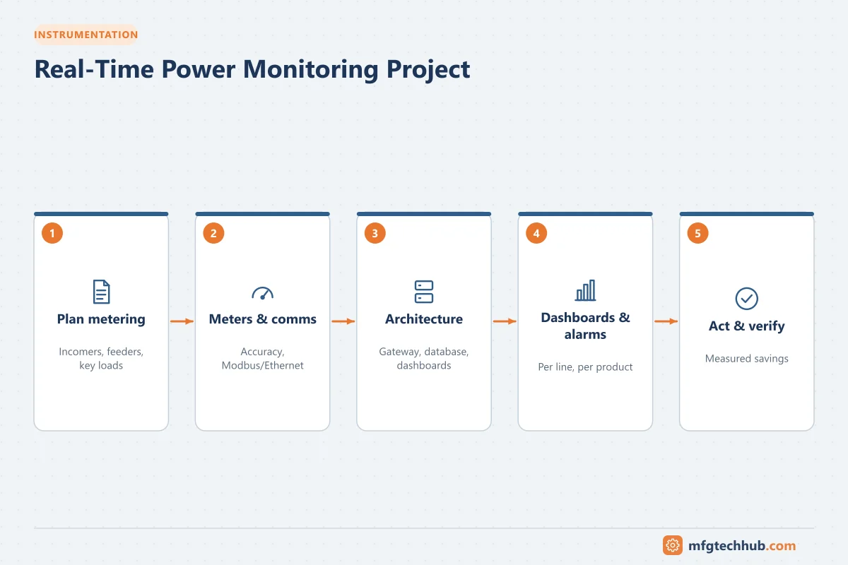 Real-Time Power Monitoring Project: Plan metering, Meters & comms, Architecture, Dashboards & alarms, Act & verify