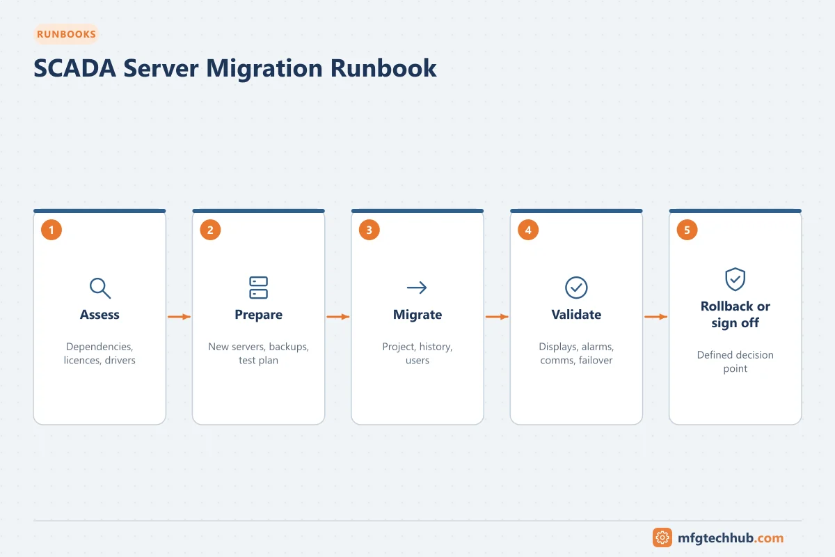 SCADA Server Migration Runbook: Assess, Prepare, Migrate, Validate, Rollback or sign off