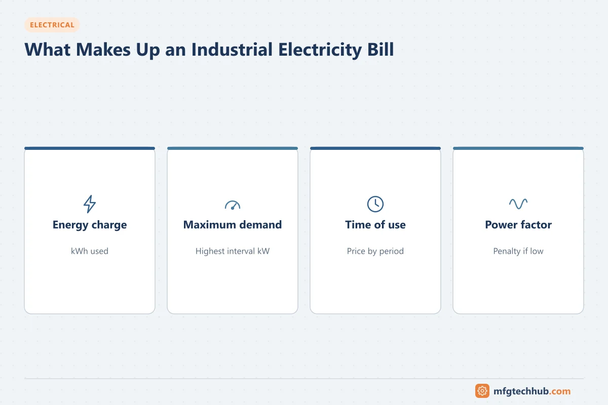 What Makes Up an Industrial Electricity Bill: Energy charge, Maximum demand, Time of use, Power factor