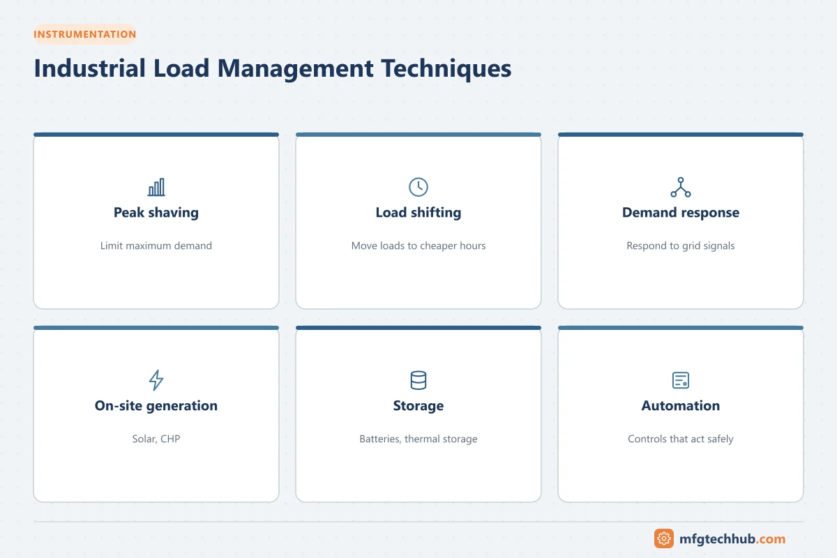 Industrial Load Management Techniques: Peak shaving, Load shifting, Demand response, On-site generation, Storage, Automation