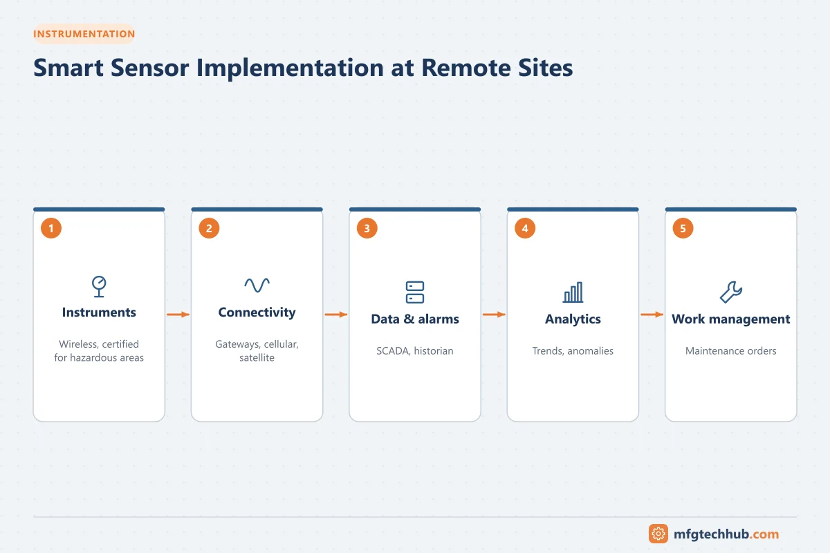 Smart Sensor Implementation at Remote Sites: Instruments, Connectivity, Data & alarms, Analytics, Work management