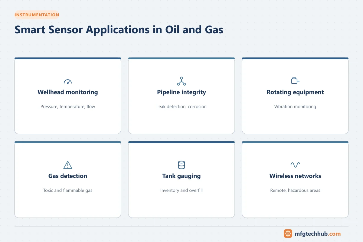 Smart Sensor Applications in Oil and Gas: Wellhead monitoring, Pipeline integrity, Rotating equipment, Gas detection, Tank gauging, Wireless networks