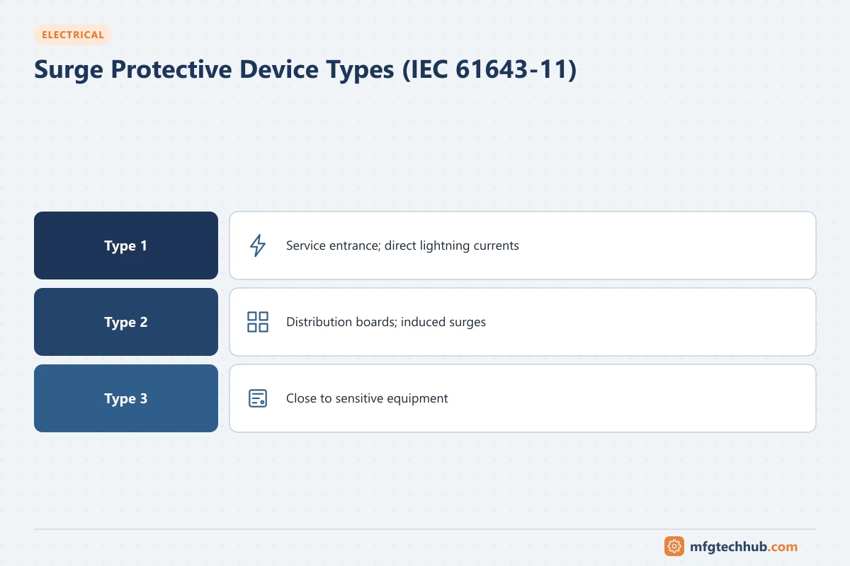 Surge Protective Device Types (IEC 61643-11): Type 1, Type 2, Type 3