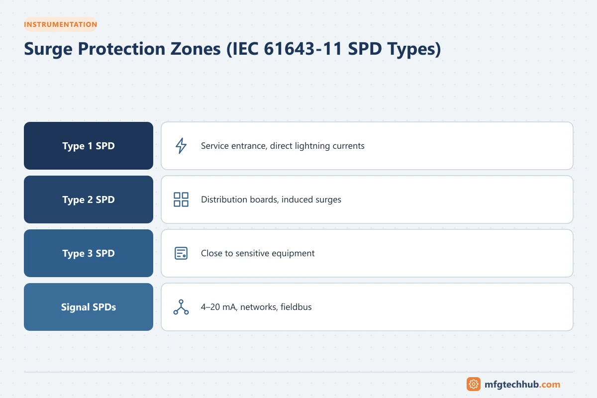 Surge Protection Zones (IEC 61643-11 SPD Types): Type 1 SPD, Type 2 SPD, Type 3 SPD, Signal SPDs
