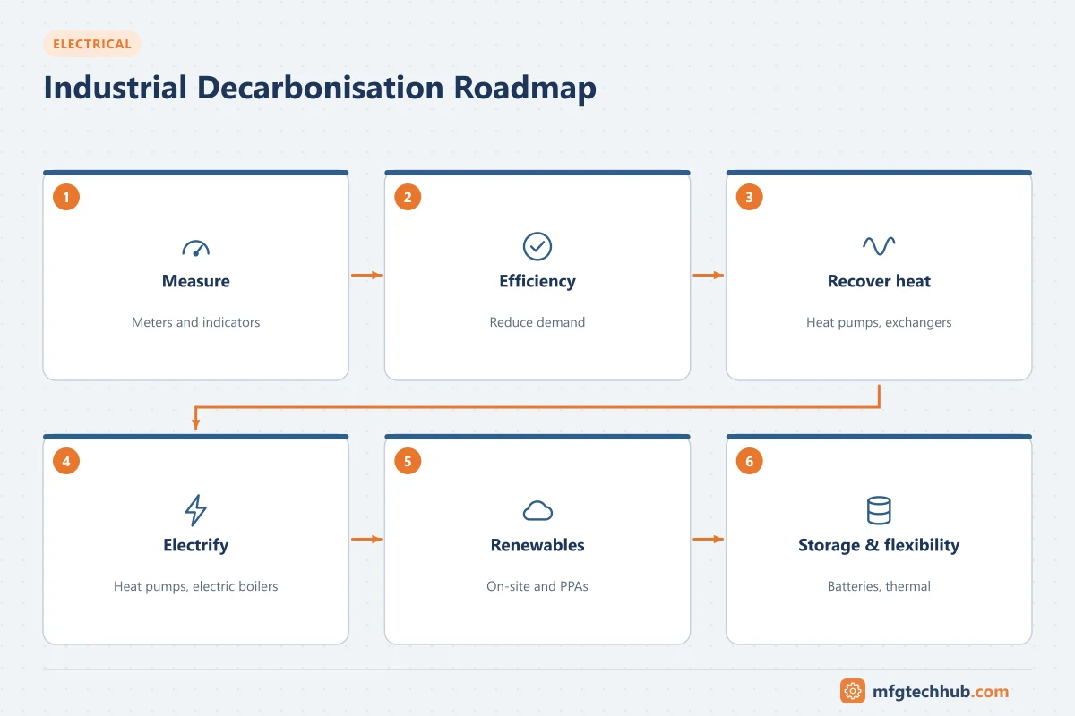 Industrial Decarbonisation Roadmap: Measure, Efficiency, Recover heat, Electrify, Renewables, Storage & flexibility