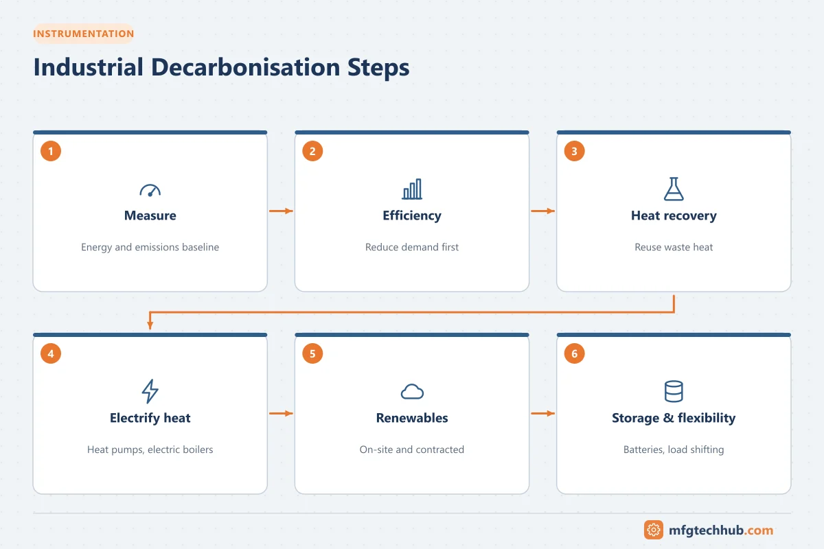 Industrial Decarbonisation Steps: Measure, Efficiency, Heat recovery, Electrify heat, Renewables, Storage & flexibility
