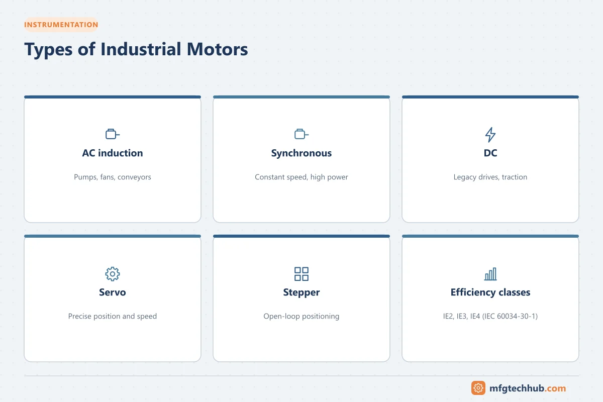 Types of Industrial Motors: AC induction, Synchronous, DC, Servo, Stepper, Efficiency classes