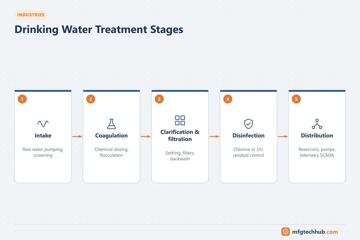 Drinking Water Treatment Stages: Intake, Coagulation, Clarification & filtration, Disinfection, Distribution