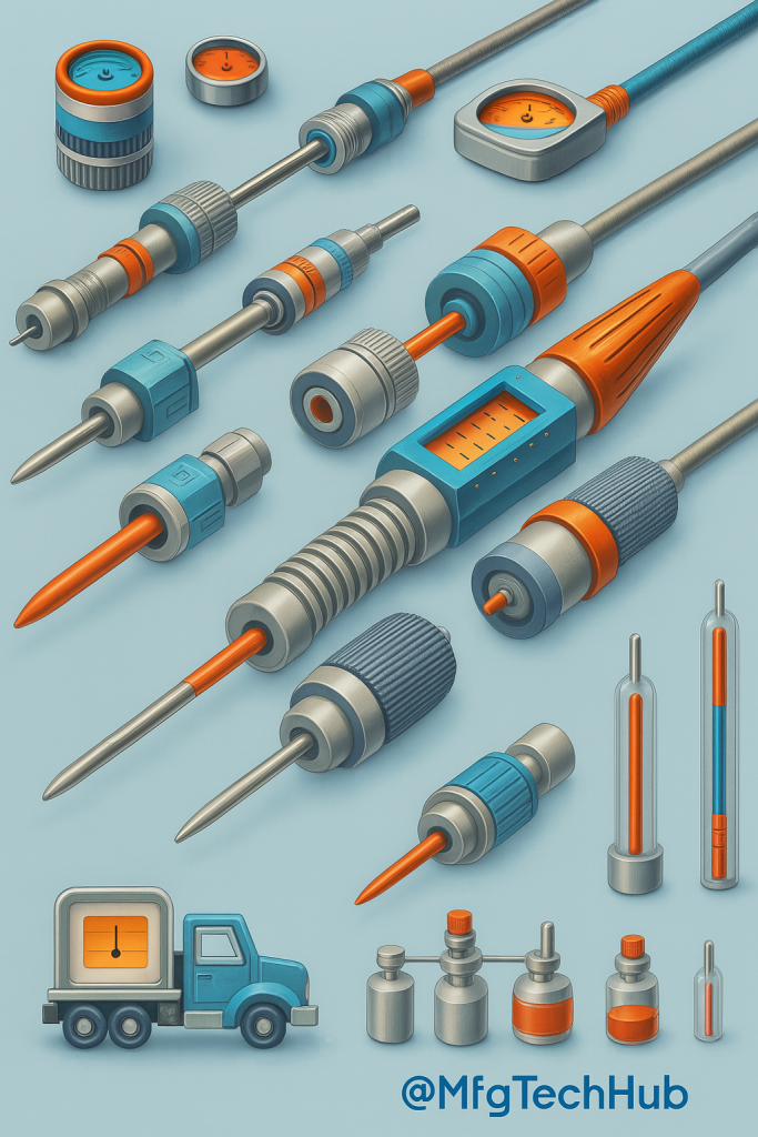 A 3D infographic showcasing various types of thermocouples and calibration methods including fixed-point, comparison, and dry-block calibration, labeled clearly and professionally.