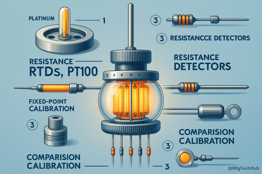RTDs, PT100, resistance detectors, fixed-point and comparison calibration techniques.