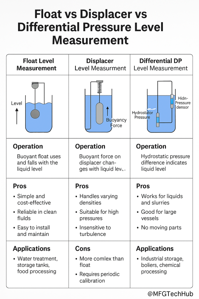 Infographic comparing float, displacer, and differential pressure (DP) level measurement instruments with diagrams, advantages, limitations, and applications.