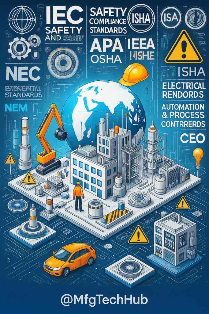 Isometric industrial automation infographic with global compliance standards and safety protocols, including IEC, IEEE, NFPA, OSHA, and more, with factory layout