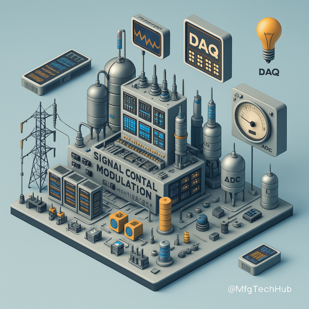 A detailed 3D-style infographic showing signal conditioning, DAQ modules, ADC systems, sensor isolation, real-time systems, and industrial measurement in an advanced factory layout.