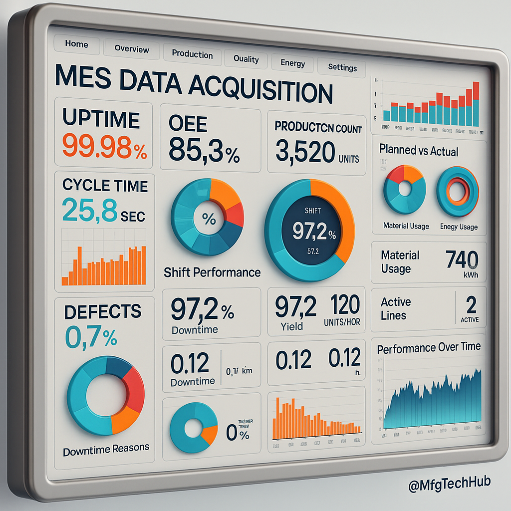 MES Data Acquisition dashboard showing key manufacturing metrics like uptime, OEE, production count, cycle time, defects, material usage, and energy usage, visualized with colorful charts and graphs