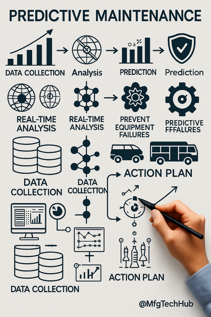 The Predictive Maintenance process with steps: data collection, analysis, prediction, and action plan, including icons for real-time analysis, equipment failure prevention, and monitoring