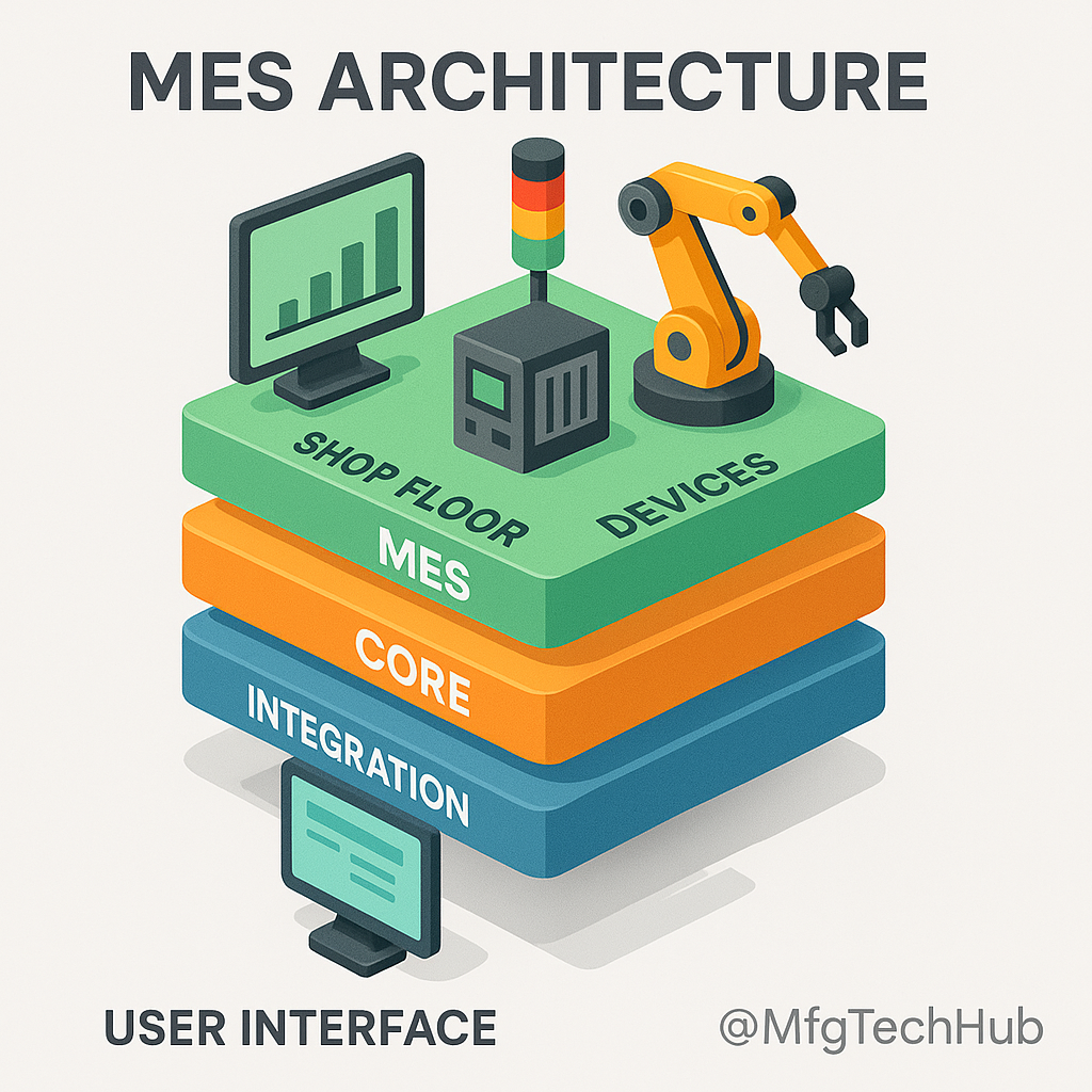 MES architecture showing User Interface, Integration Layer, MES Core, and Shop Floor Devices