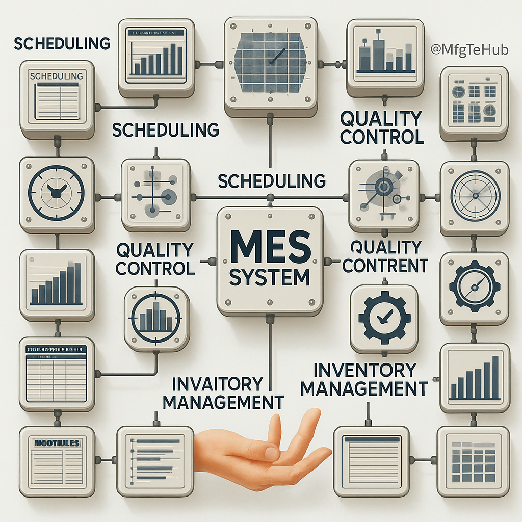 MES System with modules like Scheduling, Quality Control, and Inventory Management