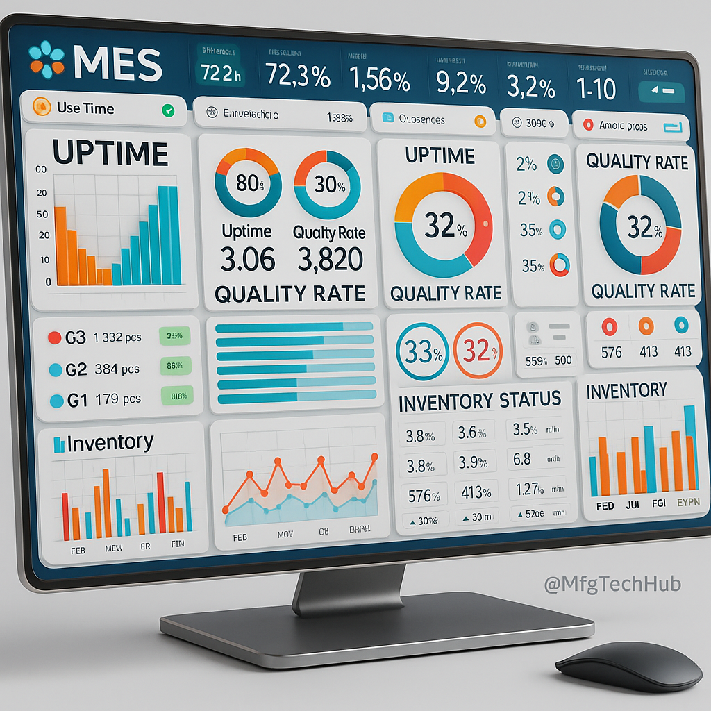MES dashboard displayed on a widescreen monitor showing KPIs like uptime, quality rate, and inventory status