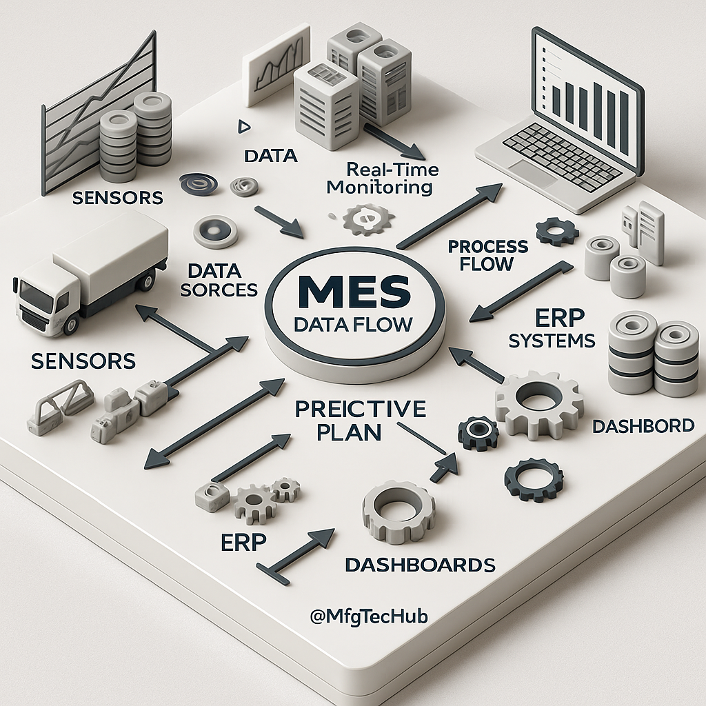 he connections between sensors, data sources, machines, ERP systems, dashboards, and real-time monitoring, with directional arrows