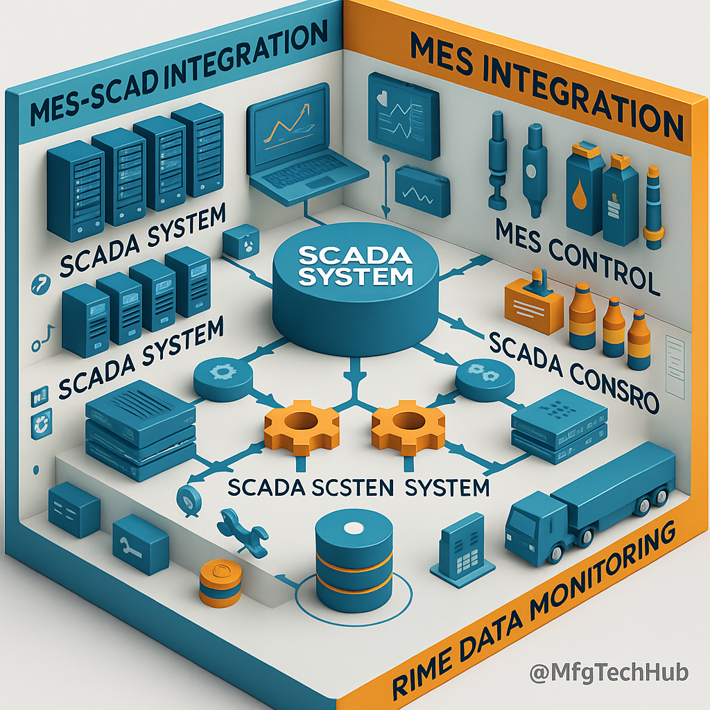 MES and SCADA system integration with components, data flow, and monitoring tools