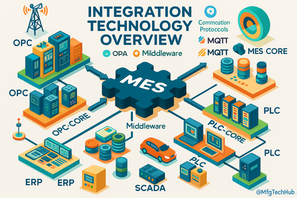 MES integration with ERP, SCADA, PLC, OPC, and middleware using protocols like OPC-UA and MQTT