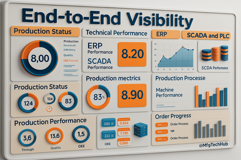 A dashboard showing production status, ERP and SCADA performance, machine metrics, and order progress