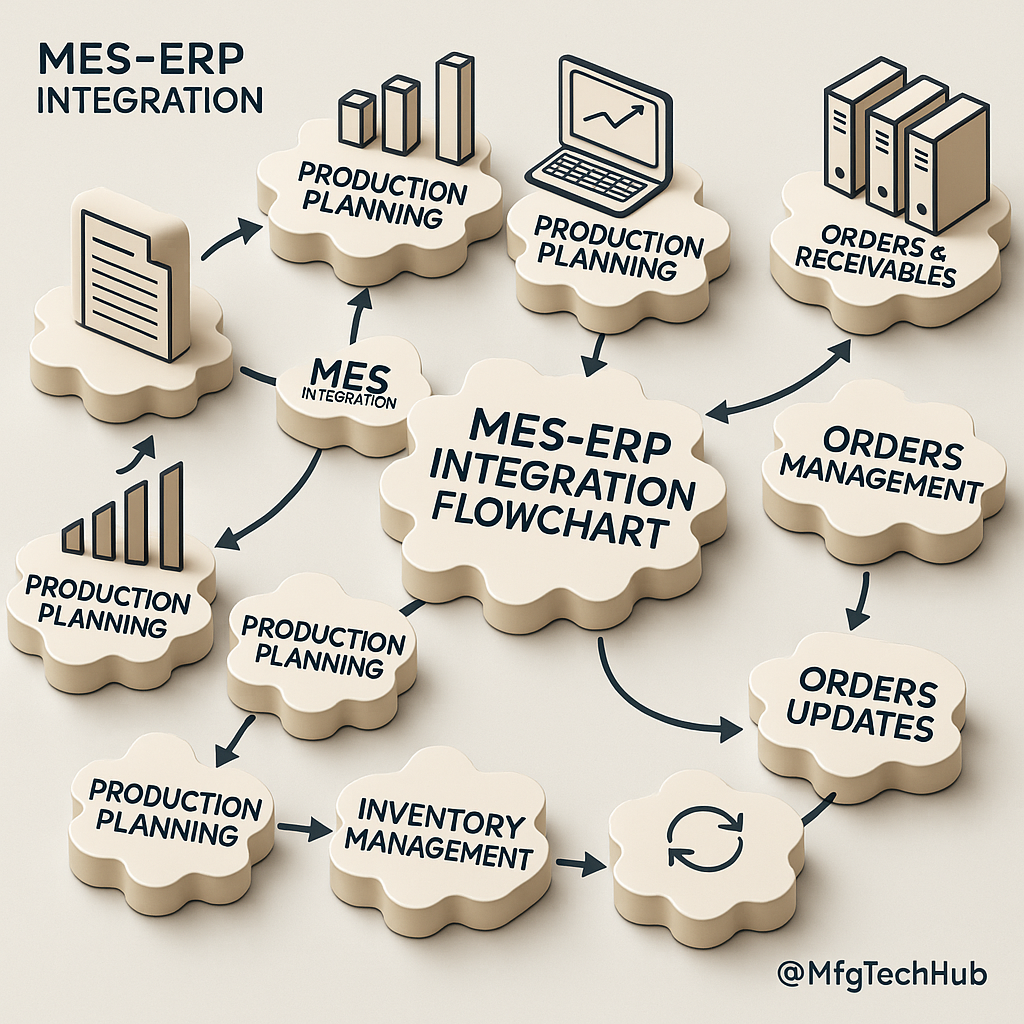 ERP and MES integration flow with data exchange and order processing steps