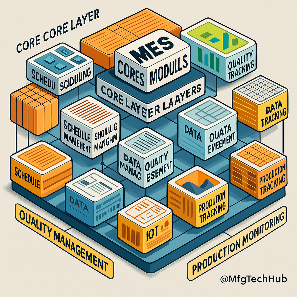 A infographic showing MES core layer modules including scheduling, quality management, production tracking, and data management