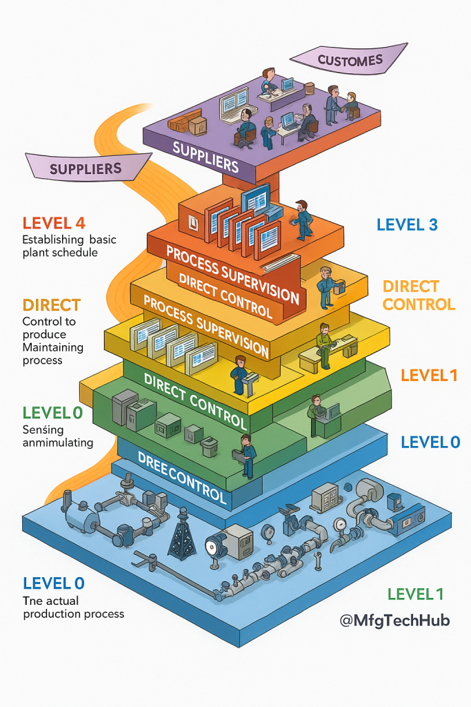 pyramid infographic showing ISA-95 automation levels from Level 0 (process) to Level 4 (enterprise) with suppliers and customers