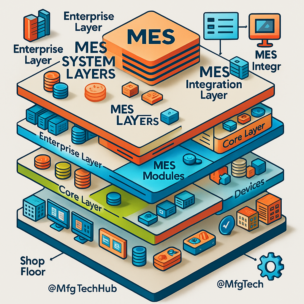 MES system layers including enterprise, integration, core, and shop floor