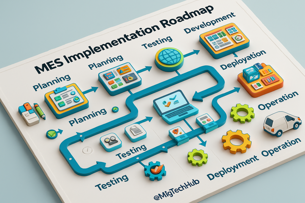 A infographic illustrating MES implementation roadmap with phases like planning, testing, development, deployment, and operation