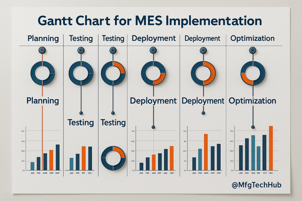 A infographic Gantt chart showing MES implementation phases: planning, testing, deployment, and optimization
